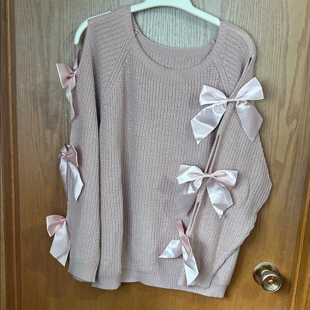 Women’s Bow-Accent Knit Sweater - Blush Pink - Picture 1 of 3